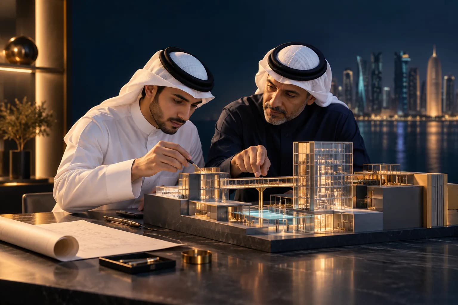 رائد أعمال يتعلم ممارسة إدارية من خلال مراجعة نموذج عملي مع مستشار.