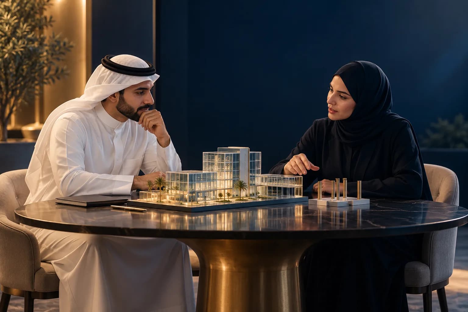 حوار بين رائد أعمال ومستشارة حول نموذج مشروعه والخطوة العملية التالية.